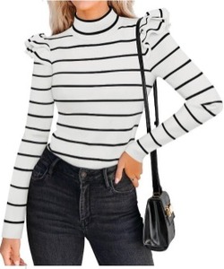 lot 4073 image: ZESICA Womens Striped Ruffle Long Sleeve Tops Fall Turtleneck Ribbed Knit Slim Fit Basic Shirt Casual Pullover Sweater,White,Large