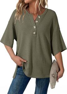 lot 4078 image: Dokotoo Womens Summer Tops Casual Waffle Knit Short Sleeve Henley Shirts Oversized 14 Button Neck Tunic Blouses Size Medium
