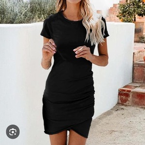lot 4079 image: CyperSoul Women Summer T Shirt Casual Dress Crew Neck Wrap Ruched Bodycon Short Sleeve Party Club Mini Dresses(Black, XXL)