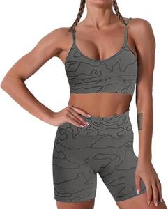 lot 4089 image: Women Seamless Yoga Set 2 Piece Workout Sport Bra with High Waist Shorts Legging Outfit Tracksuit. Wave Gray XL
