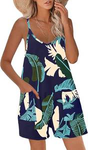 lot 4091 image: STOLKISS Womens Summer Casual Sleeveless Strap Romper Loose Adjustable Stretchy Shorts Jumpsuits Beach Overalls with Pockets Blue Floral 2XL