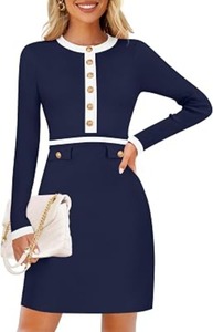 lot 4093 image: ZESICA Womens Fall Long Sleeve Bodycon Sweater Dress Crewneck Button Knit Color Block Party Mini Dresses Navy Xl