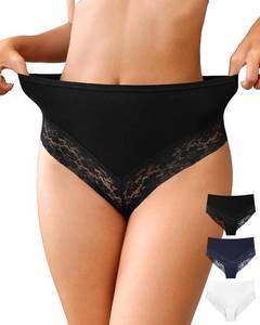 lot 4107 image: OLIKEME Womens High Waisted Underwear Cotton Bikini Panties Sexy Lace Hispter No Show Soft Stretch Cheeky Panties 3 Pack Black Blue White Medium