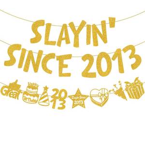 lot 4039 image: Slayin Since 13th Birthday Banner - Slayin Since 2013 13 Bday Decorations and Anniversary Banners Decor Set, Glitter Hanging Garland Party Supplies for 13 Years Old Boys Girls