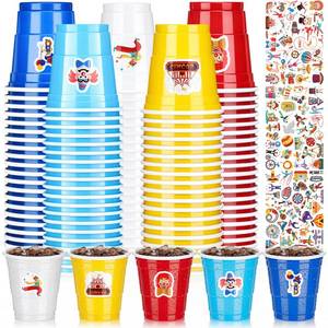 lot 4049 image: Widecook 100 Pcs 2 oz Carnival Circus Shot Glasses with Stickers Disposable Plastic Cups for DIY at Circus Themed Party Supplies Carnival Events Birthday Celebrations