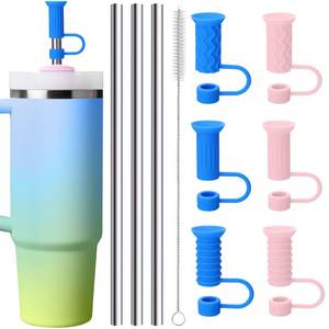 lot 4050 image: Mity rain Silicone Straw Toppers for Stanley, Straw Covers & Stainless Steel Straws for Stanley Cup 3040 oz Tumblers Accessories, DustLeak-Proof Topper Suction Cup Design (PinkBlue Metal)