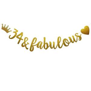 lot 4058 image: 34 & Fabulous Banner, Pre-Strung, Funny Gold Paper Glitter Party Decorations for 34th Birthday Party Supplies, Letters Gold,ABCpartyland