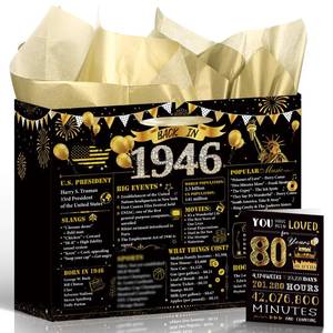 lot 4064 image: Wxiben 80th Birthday Gift Bag - Black Gold 1946 Large Gift Bag with Handles Tissue Paper Greeting Card, 80 Year Old Women Men Birthday Party Supplies, Vintage 1946 Party Decorations