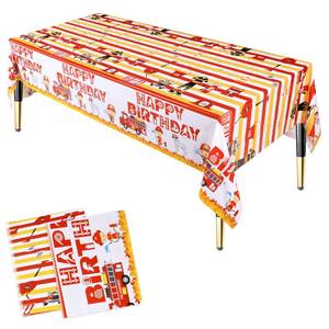 lot 4078 image: Lcoor 2 Pack Fire Truck Tablecloths, Firetruck Table Cover Plastic Disposable Party Supplies for Firefighting Theme Birthday Party Decorations Supplies