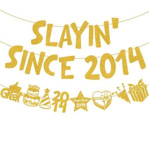 lot 4080 image: Slayin Since 12th Birthday Banner - Slayin Since 2014 12 Bday Decorations and Anniversary Banners Decor Set, Glitter Hanging Garland Party Supplies for 12 Years Old Boys Girls