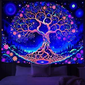 lot 4082 image: TUGCAY Blacklight Tree of Life Tapestry UV Reactive Fantasy Forest Galaxy Space Tapestries Aesthetic Nature Tapestry Starry Night Wall Hanging for Bedroom(70.9 x 90.6 Inches)