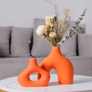 lot 399 image: CEMABT Orange Ceramic Vase Set of 2 for Modern Minimalist Bohemian Decor��Round Matte Donut Vases for Pampas Grass-Perfect for Living Room, Dining Table, Office Bedroom Shelf Decor Entryway, Console