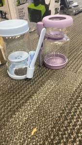 lot 10053 image: genicook hourglass pickle and olive storage jar with fork lilac - Retail $0