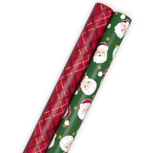 lot 10061 image: Hallmark Classic Christmas Wrapping Paper Rolls (2 Rolls 160 Sq. Ft. Total) Santa Claus Faces on Green, Barn Red and Cream Plaid - Retail $22