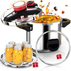 lot 11045 image: 188 Stainless Steel Pressure Cooker 13 Quart, One-Hand Locking Olla de Presion, 3-In-1 Pressure Cooker, Induction Compatible, Gas Stovetop Compatible, Steamer Rack & Includes Glass Lid