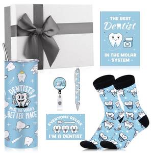 lot 279 image: Geiserailie 8 Pcs Dentist Gifts for Men Women Dental Assistant Hygienist Gift Include 16oz Stainless Steel Tumbler Badge Holder Socks Pen Notebook Keychain Card for Dental Day Dentist Assistant Week