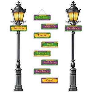 lot 299 image: Amyhill 10 Pcs Mardi Gras Decorations 2 6ft New Orleans Street Lamp Post Photo Props 8 New Orleans Street Signs PVC Lamppost Props for Wall Carnival Party Mardi Gras Streetlight Backdrop Decor