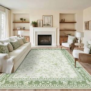 lot 10 image: BILEEHOME Floral Area Rug for Bedroom 5x8 Sage Green and Cream Beige Vintage Boho Floral Sketch Style, Washable Low Pile Non Slip Area Rugs for Nursery Living Dining Room, Cozy Aesthetic Home Decor