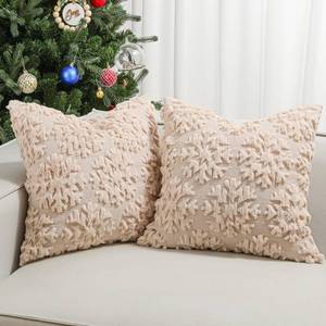 lot 59 image: Lewondr Christmas Throw Pillow Cover 18x18, Set of 2 Super Soft Faux Fur Throw Pillow Covers Velvet 3D Snowflakes Embroidery Decorative Throw Pillowcase for Living Room Bed Couch Home Decor, Oatmeal