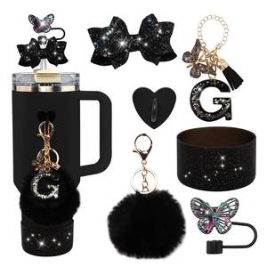 lot 64 image: Rabrgab 6Pcs Black Stanley Cup Accessories Set - Butterfly Straw Topper Cover Cap, Bling Bow for Straw, Sparkly Silicone Boot, Letter Charm and Pompom for Stanley Cups Tumbler 40Oz 30Oz 20Oz G