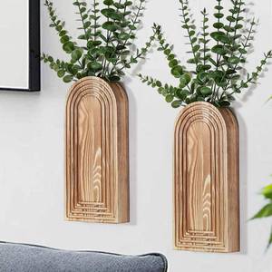 lot 120 image: Dnnnii 2 Pack Wooden Wall Vase Set - Brown Finish Modern Farmhouse & Boho Wall Decor for Entryway, Hallway, Bathroom, Living Room, Dining Room, Narrow Spaces