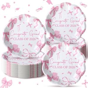 lot 131 image: Kosiz 50 Pcs Pink Bow Graduation Decorations 9 in Pink White Bow Graduation Plates Coquette 2026 Congrats Grad Party Decor Scalloped Disposable Dessert Paper Plate Class of 2026 Grad Party Supplies