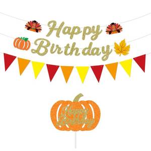lot 188 image: ANFEST Glitter Happy Birthday Banner with Turkeys, Pumpkins, Pre Strung Cardstock, with Cake Topper Banner for Autumn Thanksgiving Birthdays Party Decoration