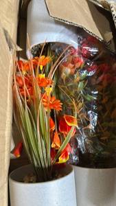 lot 195 image: Faux Plants & Florals Lot - Orange Red Flowers Green Stems White Pots
