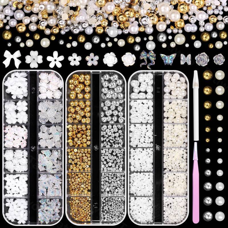 lot 13353 image: Silver Gold Nail Pearls, 3D Flowers Nail Charms, White Beige Flatback ABS Pearl Nail Art Beads Gems, Mixed Flowers Bow Butterfly Charm for Acrylic Nails Art DIY Accessories