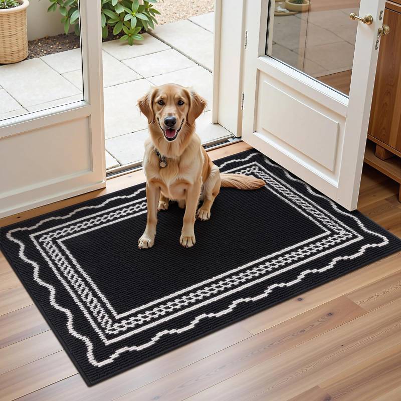 lot 15261 image: Lleading Indoor Door Mat 2x3ft, Absorbent Dog Muddy Paws Mats, Low-Profile Entrance Small Runner Carpet with Non-Slip Rubber Backing, Washable Inside Welcome Mat for Hallway,Entryway,Kitchen(Black) - Retail $18