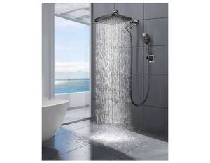 lot 5417 image: Cobbe 12 High Pressure Rain Shower Head with Extension Arm - Dual Shower Heads with 8 Modes Handheld Spray Combo - Wide RainFall shower with Anti-Clog Nozzles, Adhesive Showerhead Holder, Chrome - Retail $60