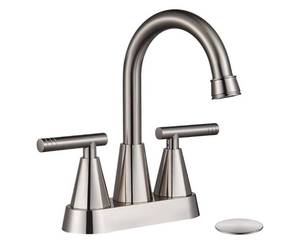 lot 5418 image: Cobbe 4 inch Brushed Nickel Bathroom Faucets with Pop up Drain and Two Supply Hoses, Lead-Free Stainless Steel 2 Handle Centerset Faucet for Vanity, RV - Retail $30