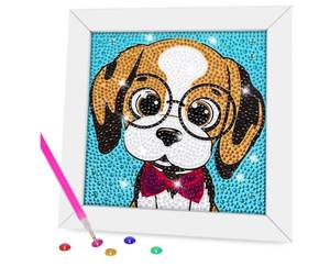 lot 5493 image: QEUOYSS Diamond Art Kit for Kids with Wooden Frame Art and Crafts for Kids Ages 6-8 -10-12 Easy to DIY Diamond Art for Kid and Adult Beginners Home Wall Decoration (Cute Dog) - Retail $10