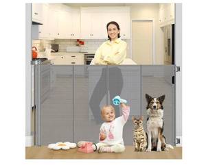 lot 5498 image: Reinforced 42 Tall X 80 Wide Retractable Baby Gate Extra Tall Cat Gate for Stairs No Sag Retractable Baby Gates for Doorways No Wrinkle Mesh Gates for Kids or Pets with Reinforced Strips, Gray - Retail $43