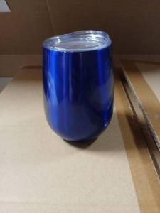lot 5552 image: 10 oz Royal Blue Stemless Stainless Steel Wine Cups with Vacuum Lids. Individually Wrapped Lot of 25