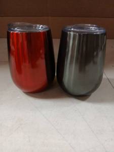 lot 5554 image: 10 oz Stemless Stainless Steel Wine Cups with Vacuum Lids. Individually Wrapped Lot of 25 13Red 12Silver