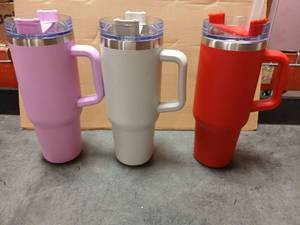 lot 5570 image: 40 oz Double Wall Tumbler with Straw Stainless Steel Individually Wrapped. 17 PCS   4 Purple, 5 Dusty Rose, 4 Gray, 4 Red
