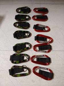 lot 19485 image: Carabiner Clip Lot 14 Pack 7 Camo7 Red with Nylon Webbing Straps