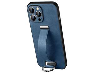 lot 19487 image: Leather Case for iPhone 13 Pro Wrist Strap Kickstand and Metal Loop Phone Case Minimalist Raised Edges Protective Cover (13 Pro,Blue) - Retail $55