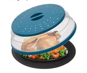 lot 19508 image: Large Microwave Splatter Cover & Silicone Mat,12 Inchs Vented Collapsible Guard dish Plate lid & Round Kitchen mat for food - Retail $17
