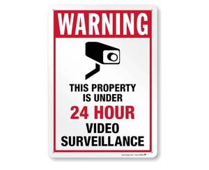 lot 19558 image: SmartSign 14 x 10 inch Warning - Property Under 24 Hour Video Surveillance Metal Sign with Camera Symbol, 40 mil Laminated Rustproof Aluminum, Red, Black and White, Made in USA - Retail $15