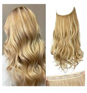 lot 19567 image: SARLA Invisible Wire Hair Extensions with 3 Clips Long Synthetic Wavy Curly Hairpiece Adjustable Transparent Headband for Women 22 Inch Honey BlondeBleach Blonde Highlights - Retail $10