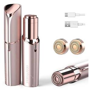lot 19568 image: innobeaut Painless Facial Hair Remover for Women, Rechargeable, Rose GoldExtra 2 Replacement Heads, LED reveals fine hairs, Portable shaver for upper facelipchinpeach fuzz, On-the-Go - Retail $20