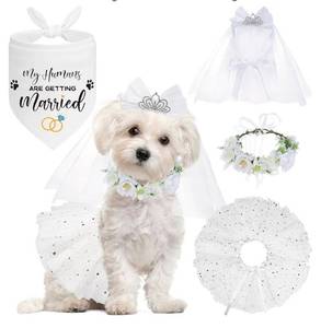 lot 19580 image: SCENEREAL Small Dog Wedding Dress 4-Piece Set with Tutu Skirt, Bow Veil, Flower Collar and Bandana, My Humans are Getting Married for Small Dogs Cats - Retail $16