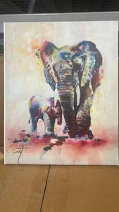 lot 201 image: 20x16 Colorful Elephant and Baby Painting on Canvas - Retail $20