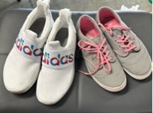 lot 257 image: Grey and Pink Vans and Adidas Slip-on Tennis Shoes Both Big Kids Size 4