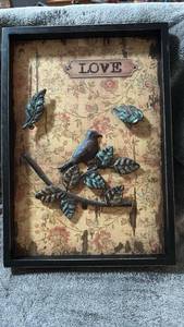 lot 284 image: Framed Wall Art with Raised Metal Bird and Leaves and a Floral Background