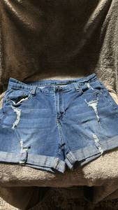 lot 297 image: Blue Denim Shorts with Distressed Details, Size L