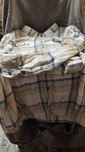 lot 298 image: Plaid Button-Front Shirt Tan Blue White Striped with Two Buttoned Breast Pockets Size 2XL