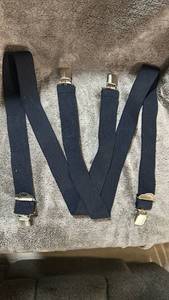 lot 312 image: Navy Blue Elastic Suspenders with 4 Silver Metal Clips